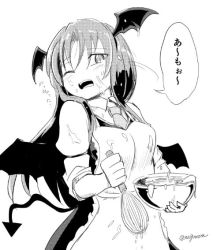 Rule 34 | 1girl, apron, bowl, demon tail, formal, greyscale, head wings, koakuma, looking away, monochrome, necktie, one eye closed, open mouth, sleeves rolled up, suggestive fluid, suit, tail, taurine 8000mg, touhou, translation request, twitter username, whisk, wings