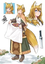 Rule 34 | 1girl, :d, animal ears, apron, apron basket, black footwear, blonde hair, blue eyes, boots, braid, brown capelet, capelet, closed eyes, closed mouth, commentary, commentary request, dagger, dated, fox ears, fox girl, fox tail, green skirt, hair between eyes, high-waist skirt, highres, knife, long hair, long sleeves, multiple views, open mouth, original, puffy long sleeves, puffy sleeves, shirt, signature, single braid, skirt, sleeves past wrists, smile, symbol-only commentary, tail, very long hair, weapon, white apron, white background, white shirt, yoshitatsu ousuke