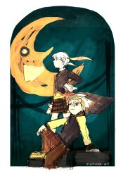 1boy 1girl black_coat black_jacket blonde_hair coat crescent_moon hairband highres jacket maka_albarn mallowboo moon plaid_clothes red_eyes sitting soul_eater soul_evans spiked_hair twintails white_hair yellow_sleeves