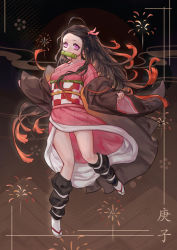 Rule 34 | 1girl, ahoge, anmaki, arm warmers, bit gag, black coat, black hair, border, brown background, coat, colored tips, commentary, english commentary, floating hair, full body, gag, hair ribbon, haori, highres, japanese clothes, jumping, kamado nezuko, kimetsu no yaiba, kimono, long hair, long sleeves, looking at viewer, mixed-language commentary, multicolored hair, obi, off shoulder, orange hair, orange ribbon, pinching sleeves, pink kimono, purple eyes, ribbon, sash, solo, tabi, two-tone hair, very long hair, wide sleeves