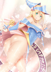 Rule 34 | 1girl, :q, absurdres, ass, bare shoulders, blonde hair, blue hat, breasts, calcio, closed mouth, dark magician girl, duel monster, feet out of frame, from below, from side, green eyes, hat, highres, jewelry, large breasts, leotard, long hair, looking at viewer, neck ring, nipple slip, nipples, no bra, no panties, pentacle, pink skirt, showgirl skirt, skin tight, skirt, smile, solo, staff, thick thighs, thighs, tongue, tongue out, twisted torso, upskirt, v-shaped eyebrows, vambraces, w, yu-gi-oh!
