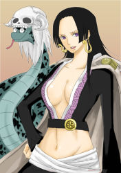 Rule 34 | 1girl, alternate color, amazon lily, amazon warrior, black hair, boa hancock, breasts, cape, cleavage, epaulettes, female focus, hand on own hip, hip focus, jacket, jacket on shoulders, long hair, long sleeves, midriff, one piece, purple eyes, salome (one piece), sash, skull, snake, solo