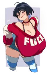 Rule 34 | 1girl, ahoge, bare shoulders, black bra, black hair, blue hair, bra, breasts, choker, cleavage, collar, collarbone, colored inner hair, cowboy shot, curvy, denim, denim shorts, eyelashes, female focus, gigantic breasts, glasses, grey background, half-closed eyes, hand on own hip, highres, huge breasts, leaning forward, legs, multicolored hair, naze, original, purple eyes, red choker, short hair, short shorts, shorts, skindentation, smug, solo, standing, striped clothes, striped thighhighs, thick thighs, thighhighs, thighs, tongue, tongue out, underwear, wide hips, zettai ryouiki