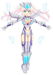 Rule 34 | 1girl, armor, blue footwear, blue leotard, boomerang, boots, breasts, character cutout, cleavage, cross (crossryou), crystal, green eyes, grey armor, grey footwear, grey leotard, headpiece, high heels, large breasts, leotard, long hair, mega monster battle: ultra galaxy legends the movie, open mouth, personification, pink hair, quattro sluggers, shoulder pads, standing, thigh boots, thighhighs, twintails, ultra series, ultraman geed (series), ultraman zero, ultraman zero beyond, white background