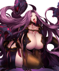 Rule 34 | 1girl, breasts, cleavage, collarbone, curvy, fate/grand order, fate (series), female focus, gigantic breasts, gorgon (fate), highres, hip vent, kneeling, long hair, long tongue, looking at viewer, medusa (fate), medusa (rider) (fate), monster girl, pink eyes, pink hair, rider, scales, sekiyu (spartan), simple background, snake, snake hair, solo, thick thighs, thighs, tongue, tongue out, very long hair, white background