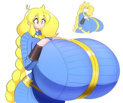 Rule 34 | 1girl, blonde hair, blue eyes, bodysuit, braid, breasts, cassie (theycallhimcake), fallout (series), gigantic breasts, hands on own chest, highres, long hair, solo, theycallhimcake, vault suit