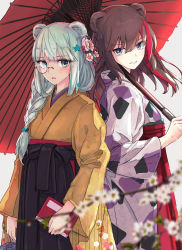 Rule 34 | 2girls, alternate costume, animal ears, arknights, bad id, bad pixiv id, bear ears, black hakama, blue eyes, blurry, blurry foreground, book, braid, brown hair, commentary request, flower, grin, hair flower, hair ornament, hakama, hakama skirt, highres, holding, holding book, holding umbrella, istina (arknights), japanese clothes, kimono, long hair, long sleeves, looking at viewer, monocle, multicolored hair, multiple girls, oil-paper umbrella, parted lips, partial commentary, red hair, red umbrella, silver hair, single braid, skirt, smile, star (symbol), star hair ornament, streaked hair, toyoharu, umbrella, white flower, white kimono, wide sleeves, yellow kimono, zima (arknights)