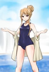 Rule 34 | 1girl, blonde hair, blue one-piece swimsuit, breasts, commentary request, hair bun, idolmaster, idolmaster million live!, kotori ryou, medium breasts, off shoulder, one-piece swimsuit, outstretched arms, pool, red eyes, school swimsuit, sidelocks, single hair bun, smile, solo, spread arms, swimsuit, tenkuubashi tomoka