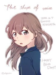 Rule 34 | 10s, 1girl, :o, bad id, bad pixiv id, birthday, blazer, blush, breasts, brown hair, character name, dated, english text, flat chest, from side, grey eyes, grey hair, hair between eyes, happy birthday, head tilt, highres, jacket, koe no katachi, long hair, looking at viewer, looking back, nishimiya shouko, open mouth, school uniform, simple background, surprised, twitter username, upper body, wavy hair, white background
