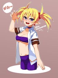Rule 34 | 1girl, arcana heart, arm up, bike shorts, blonde hair, blue eyes, blush, breasts, claw pose, cleavage, highres, large breasts, legs, lilica felchenerow, looking at viewer, midriff, nalia, navel, open clothes, open mouth, pointy ears, school uniform, smile, strapless, thighs, tube top, twintails, underboob