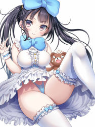 Rule 34 | 1girl, black hair, blue bow, blue panties, bow, breasts, character request, hair bow, headpat, highleg, highleg panties, inma kourin devil carnival, jewelry, large breasts, long hair, looking at viewer, necklace, panties, red eyes, seta (monyun), sleeveless, stuffed animal, stuffed toy, teddy bear, thighhighs, twintails, underwear, white thighhighs, wrist cuffs