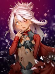 Rule 34 | 1girl, ;d, bad id, bad pixiv id, blush, cape, chloe von einzbern, dark skin, dark-skinned female, fate/kaleid liner prisma illya, fate (series), flat chest, hair ornament, hair stick, hand to own mouth, highres, long hair, looking at viewer, midriff, navel, one eye closed, open mouth, orange eyes, pink hair, smile, solo, summons (gina5213), tattoo, upper body, waist cape, white hair