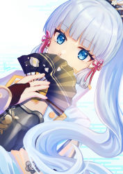 Rule 34 | 1girl, absurdres, ayaka (genshin impact), blue eyes, blue hair, blunt bangs, commentary request, covering own mouth, genshin impact, hair ribbon, hand fan, hand up, highres, holding, holding fan, japanese clothes, light blue hair, long hair, looking at viewer, mole, mole under eye, ponytail, red ribbon, ribbon, sefira, solo, upper body