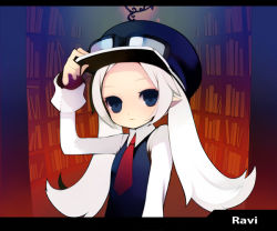 Rule 34 | blouse, blue eyes, blue hat, collared shirt, eyelashes, frown, hat, letterboxed, necktie, original, pointy ears, puti devil, red necktie, shirt, solo, twintails, white hair, white shirt