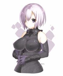 Rule 34 | 1girl, bad id, bad pixiv id, bare shoulders, breasts, eiri (eirri), elbow gloves, covered erect nipples, fate/grand order, fate (series), female focus, gloves, hair over one eye, large breasts, mash kyrielight, purple eyes, purple hair, short hair, solo, white background