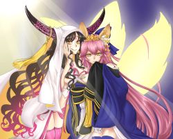 Rule 34 | 2girls, :3, absurdres, animal ear fluff, animal ears, artist request, bell, blue kimono, blue thighhighs, breasts, chest tattoo, crown, facial mark, fate/extra, fate/extra ccc, fate/grand order, fate (series), forehead mark, fox ears, fox girl, fox tail, habit, hand on own chest, highres, horn ornament, horn ring, horns, japanese clothes, kimono, large breasts, long hair, looking at viewer, multiple girls, multiple tails, off shoulder, official alternate costume, pink hair, pink legwear, revealing clothes, sessyoin kiara, tail, tamamo (fate), tamamo no mae (fate/extra), tamamo no mae (third ascension) (fate), tattoo, thighhighs, tongue, tongue out, veil, very long hair, wavy hair, yellow eyes