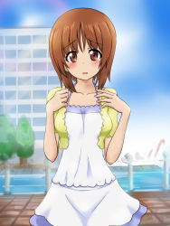 Rule 34 | 10s, 1girl, blue shirt, blue skirt, blurry, blurry background, blush, brown eyes, brown hair, camisole, casual, cloud, cloudy sky, cowboy shot, day, girls und panzer, highres, jacket, light frown, light smile, looking at viewer, miniskirt, misakichi (fechisupi777), nishizumi miho, open mouth, outdoors, shirt, short hair, short sleeves, skirt, skirt set, sky, solo, spaghetti strap, standing, sweatdrop, yellow jacket