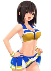 Rule 34 | 1girl, :d, bare shoulders, black eyes, black hair, breasts, cheerleader, cleavage, clothes lift, commentary, commentary request, cowboy shot, hand on own hip, large breasts, lifted by self, looking at viewer, midriff, navel, nonaka ritsu, open mouth, original, short hair, simple background, skirt, skirt lift, smile, solo, touka (nonaka ritsu), white background