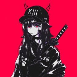 Rule 34 | 1girl, badge, baseball cap, black hair, button badge, choker, commentary, demon horns, english commentary, food, food in mouth, gantai- (gxntai), hair between eyes, hair ornament, hairclip, hat, horns, instagram username, jacket, jpeg artifacts, katana, long hair, looking at viewer, original, pocky, red background, red eyes, roman numeral, sheath, sheathed, simple background, solo, sword, sword behind back, upper body, weapon, x hair ornament