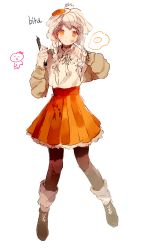 Rule 34 | 1girl, arms up, black pantyhose, boots, braid, brown footwear, brown sleeves, closed mouth, commentary request, egg, full body, high-waist skirt, highres, holding, holding pen, long sleeves, low twin braids, orange skirt, pantyhose, pen, pleated skirt, shirt, simple background, skirt, smudge, solo, twice12314, twin braids, white background, white shirt