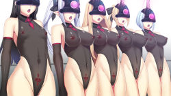 Rule 34 | 5girls, bare shoulders, black hair, blonde hair, bow, breasts, cowboy shot, daiaru, detached collar, elbow gloves, female ejaculation, gloves, groin, hair bow, heart, heart tattoo, highres, indoors, large breasts, legs, long hair, multiple girls, navel, nipples, open mouth, original, pointy ears, ponytail, pubic tattoo, purple hair, pussy juice, saliva, see-through, senhime bad ending after, short hair, small breasts, standing, take your pick, tattoo, thighs, torture, twintails, wet, white hair