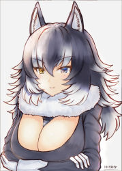 Rule 34 | 10s, 1girl, absurdres, animal ears, between breasts, black hair, blue eyes, blush, breasts, cleavage, fang, fang out, fur collar, gloves, grey wolf (kemono friends), heterochromia, highres, kemono friends, large breasts, long hair, long sleeves, looking at viewer, multicolored hair, necktie, necktie between breasts, simple background, solo, two-tone hair, white background, wolf ears, yamamiya saki, yellow eyes
