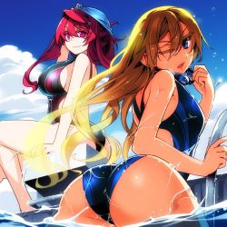 Rule 34 | 10s, 2girls, ass, blonde hair, blue eyes, blue sky, blue one-piece swimsuit, breasts, cloud, competition swimsuit, day, goggles, goggles around neck, unworn goggles, hair down, half updo, ishida akira, large breasts, long hair, looking at viewer, looking back, maou (maoyuu), maoyuu maou yuusha, multiple girls, official art, one-piece swimsuit, one eye closed, onna kishi (maoyuu), pale skin, partially submerged, pool, pool ladder, promotional art, red eyes, red hair, sideboob, sky, smile, swim cap, swimsuit, tan, wet