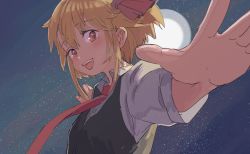 Rule 34 | 1girl, 3735geriragouki, absurdres, arms at sides, black vest, blonde hair, blush, buttons, close-up, collared shirt, commentary, fangs, foreshortening, full moon, hair between eyes, hair ribbon, highres, long sleeves, looking to the side, moon, necktie, night, night sky, open mouth, outstretched arms, red eyes, red necktie, red ribbon, ribbon, rumia, shirt, short hair, sidelocks, sky, smile, solo, spread arms, teeth, touhou, upper body, vest, white shirt, wing collar