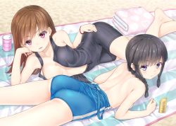 Rule 34 | 2girls, areola slip, ass, back, barefoot, black hair, black one-piece swimsuit, blue eyes, blue one-piece swimsuit, blush, bracelet, braid, breasts, brown eyes, brown hair, commentary request, gotou hisashi, jewelry, kantai collection, kitakami (kancolle), long hair, lotion, medium breasts, multiple girls, one-piece swimsuit, ooi (kancolle), single braid, sunscreen, swimsuit, towel, zipper