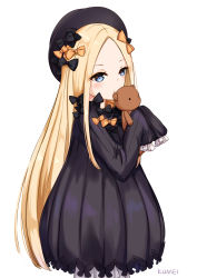 Rule 34 | 1girl, abigail williams (fate), absurdres, artist name, black bow, black dress, black hat, blonde hair, bloomers, blue eyes, blush, bow, bug, butterfly, dress, fate/grand order, fate (series), forehead, hair bow, hands in opposite sleeves, hat, highres, hugging object, insect, kumei, long hair, long sleeves, looking at viewer, orange bow, parted bangs, parted lips, polka dot, polka dot bow, simple background, solo, stuffed animal, stuffed toy, teddy bear, underwear, very long hair, white background, white bloomers