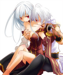 Rule 34 | 1boy, 1girl, alternate hair color, biting, black gloves, black pants, blush, breasts, celia alde, champion (ragnarok online), championship belt, chen lio, closed mouth, coat, commentary request, detached sleeves, dress, feet out of frame, gloves, grabbing, grabbing another&#039;s breast, grabbing from behind, hetero, holding another&#039;s wrist, hood, hooded coat, kiri nada, long hair, looking at another, medium breasts, multicolored clothes, multicolored gloves, neck biting, open mouth, pants, pelvic curtain, professor (ragnarok online), ragnarok online, red dress, red eyes, red gloves, red sleeves, short hair, simple background, sleeveless, sleeveless coat, sleeveless dress, striped sleeves, white background, white coat, white gloves, white hair, yellow sleeves