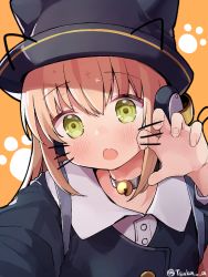 Rule 34 | 1girl, :o, animal ears, animal hat, bad id, bad pixiv id, behind-the-head headphones, bell, black choker, black hat, black jacket, blush, choker, claw pose, collared shirt, commentary, drawn ears, drawn whiskers, dress shirt, fake animal ears, girls&#039; frontline, green eyes, hair between eyes, hand up, hat, headphones, jacket, light brown hair, long hair, long sleeves, looking at viewer, neck bell, open mouth, orange background, shirt, solo, tmp (black cat nursery) (girls&#039; frontline), tmp (girls&#039; frontline), tsuka, twitter username, upper body, white shirt