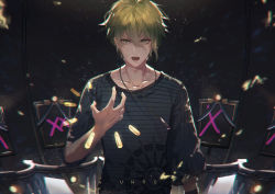 Rule 34 | 1boy, amami rantaro, collarbone, commentary request, danganronpa (series), danganronpa v3: killing harmony, ear piercing, green eyes, green hair, grey shirt, hair between eyes, highres, jewelry, looking at viewer, male focus, necklace, open mouth, piercing, revision, shirt, short hair, solo, standing, striped clothes, striped shirt, uwro