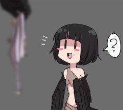 Rule 34 | 1girl, ?, ^^^, bare shoulders, black hair, black wings, blurry, blush stickers, chibi, cowboy shot, dark souls (series), dark souls iii, depth of field, feathered wings, grey background, harpy, holding, iwbitu, midriff, monster girl, open mouth, personification, pickle pee pump-a-rum crow, shirt, short hair, simple background, single-shoulder shirt, smile, solo focus, speech bubble, winged arms, wings, | |