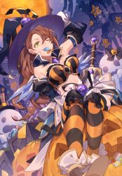 Rule 34 | 1girl, absurdres, bad id, bad pixiv id, bare shoulders, beatrix (granblue fantasy), breasts, brown hair, candy, cleavage, commentary request, food, full moon, ghost, granblue fantasy, green eyes, halloween, hat, highres, hizuki miya, large breasts, looking at viewer, moon, mouth hold, one eye closed, orange legwear, purple hat, skirt, solo, star (symbol), striped clothes, striped legwear, striped thighhighs, thighhighs, white skirt, witch hat