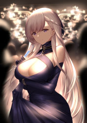 Rule 34 | 1girl, absurdres, an yasuri, azur lane, bare shoulders, belfast (azur lane), belfast (the noble attendant) (azur lane), blue dress, blue gloves, blurry, braid, breasts, chain, cleavage, cowboy shot, criss-cross halter, crowd, depth of field, dress, elbow gloves, gloves, hair ribbon, halter dress, halterneck, highres, holding, large breasts, long hair, looking at viewer, purple eyes, ribbon, silver hair, smile, solo, standing, very long hair
