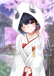 Rule 34 | 1girl, nanashi inc., alternate costume, alternate hairstyle, black hair, blunt bangs, blurry, blurry background, blush, breasts, bride, cherry blossoms, closed mouth, commentary request, cowboy shot, dameyoshi, demon girl, demon horns, demon tail, highres, hood, horns, japanese clothes, jewelry, kimono, kojo anna, looking at viewer, medium breasts, multicolored hair, one eye closed, outdoors, purple hair, ring, short hair, smile, solo, sugar lyric, tail, two-tone hair, uchikake, virtual youtuber, white kimono, yellow eyes
