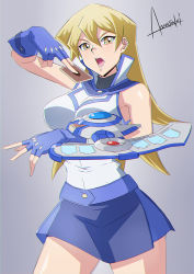 Rule 34 | 1girl, artist request, bare legs, blush, breasts, card, curvy, duel academy uniform (yu-gi-oh! gx), duel disk, fingernails, full body, gradient background, large breasts, looking at viewer, miniskirt, obelisk blue uniform, open mouth, playing card, playing games, shiny clothes, shiny skin, skirt, solo, tenjouin asuka, wide hips, yu-gi-oh!, yu-gi-oh! gx