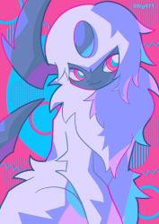 Rule 34 | :3, absol, animal focus, artist name, blush, chromatic aberration, closed mouth, creatures (company), fluffy, game freak, gen 3 pokemon, happy, highres, looking to the side, nintendo, no humans, pink background, pokemon, pokemon (creature), red eyes, short hair, sidelocks, signo, sitting, smile, solo, twitter username, two-tone background, watermark