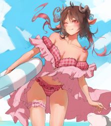 Rule 34 | 1girl, animal ears, arknights, banban ban, bare shoulders, bikini, blue sky, blush, breasts, bridal garter, brown hair, chinese commentary, cleavage, cloud, collarbone, commentary request, cowboy shot, day, eyjafjalla (arknights), eyjafjalla (summer flower) (arknights), gradient hair, highres, holding, holding swim ring, horns, innertube, long hair, multicolored hair, navel, off-shoulder bikini, off shoulder, one eye closed, pink bikini, pink eyes, pink hair, sheep, sheep ears, sheep horns, short sleeves, sky, solo, standing, swim ring, swimsuit, thighs, unfinished