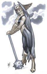 Rule 34 | 1girl, adam hughes, alien, concept art, dc comics, figure, full body, hawkgirl, helmet, leaning, mace, midriff, simple background, smile, solo, standing, weapon, white background