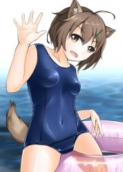Rule 34 | 10s, 1girl, animal ears, blush, brave witches, breasts, brown eyes, brown hair, female focus, highres, karibuchi hikari, ocean, open mouth, small breasts, smile, solo, swimsuit, world witches series
