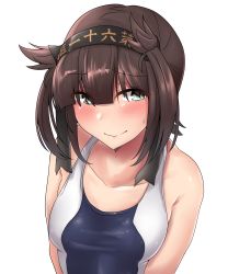 Rule 34 | 1girl, absurdres, aqua eyes, bare arms, black headband, blue one-piece swimsuit, blush, breasts, brown hair, closed mouth, clothes writing, collarbone, competition swimsuit, embarrassed, hair flaps, hatsuzuki (kancolle), headband, highres, kantai collection, kiritto, lips, looking at viewer, one-piece swimsuit, shiny skin, short hair, simple background, small breasts, solo, swimsuit, two-tone swimsuit, upper body, wet, white background, white one-piece swimsuit