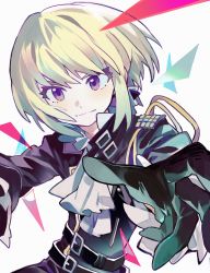 Rule 34 | 1boy, belt, black gloves, closed mouth, gloves, green hair, highres, jacket, light smile, lio fotia, long sleeves, looking at viewer, male focus, promare, purple eyes, seeshin see, solo