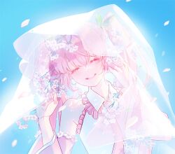 Rule 34 | 1girl, bare shoulders, blue background, blush, branch, cherry blossoms, closed eyes, collared shirt, detached sleeves, facing viewer, falling petals, flower, frills, hair flower, hair ornament, hands up, hatsune miku, head tilt, long hair, miku day, necktie, petals, pink hair, pink necktie, pink sleeves, sabaumako, sakura miku, shirt, simple background, sleeveless, sleeveless shirt, smile, solo, teeth, twintails, upper body, veil, vocaloid, white shirt