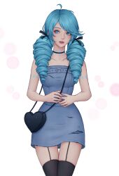 Rule 34 | 1girl, absurdres, ahoge, artelsia, artist name, bag, bare shoulders, black ribbon, black thighhighs, blue dress, collarbone, cowboy shot, dress, drill hair, garter straps, green eyes, green hair, gwen (league of legends), hair ribbon, heart-shaped bag, highres, league of legends, long hair, looking at viewer, parted lips, ribbon, shoulder bag, simple background, solo, teeth, thighhighs, twin drills, white background, zettai ryouiki
