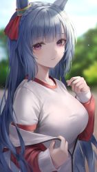 Rule 34 | 1girl, absurdres, animal ears, blue hair, blunt bangs, blurry, blurry background, blush, braid, breasts, commentary request, crown braid, day, depth of field, ear ornament, gym shirt, hibimaru, highres, horse ears, jacket, large breasts, long hair, long sleeves, looking at viewer, mejiro ardan (umamusume), off shoulder, open clothes, open jacket, outdoors, parted lips, purple eyes, red jacket, shirt, solo, sweat, track jacket, umamusume, undressing, upper body, very long hair, white shirt