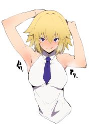 Rule 34 | 1girl, armpits, arms behind head, arms up, bare shoulders, blonde hair, blue eyes, blue necktie, blush, breasts, closed mouth, collared shirt, fate/apocrypha, fate (series), hair between eyes, highres, jeanne d&#039;arc (fate), jeanne d&#039;arc (girl from orleans) (fate), jeanne d&#039;arc (ruler) (fate), jikatarou, large breasts, licking lips, looking at viewer, necktie, shirt, simple background, sleeveless, sleeveless shirt, smile, solo, tongue, tongue out, white background