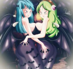 2girls ass blue_hair breasts dao-z dragon_ball green_hair large_breasts long_hair maron_(dragon_ball) multiple_girls ribrianne smile wings