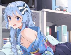 Rule 34 | 1girl, absurdres, airenif, bare shoulders, blue eyes, blue hair, blush, bow, breasts, hair bow, highres, hololive, hoshimachi suisei, hoshimachi suisei (new year), japanese clothes, kimono, long hair, looking at viewer, medium breasts, no bra, off shoulder, open mouth, pillow, solo, virtual youtuber